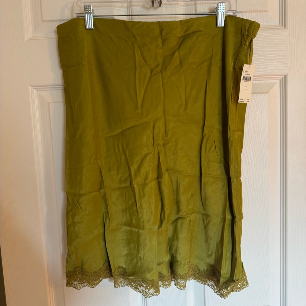 Anthropologie Olive Green Midi Skirt with Lace Trim